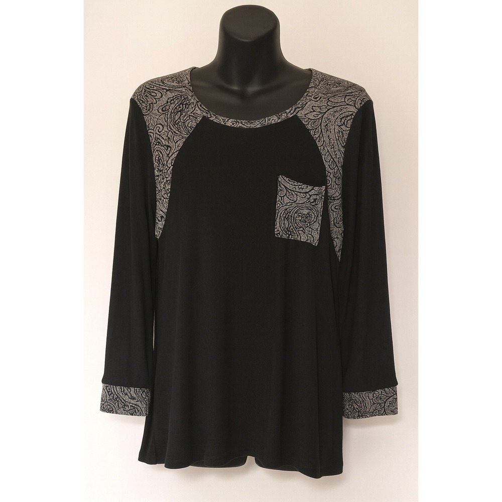 Black & Gray Paisley Patchwork Women's Top Shirt Sz 1X/2X Artsy Grunge Momcore